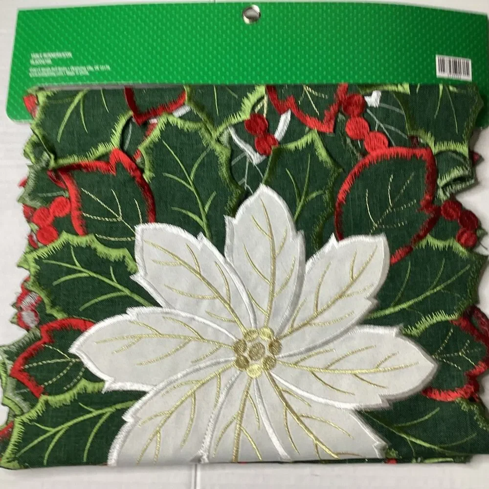 Sleigh Bell Bistro Christmas Table Runner 13x69 Embroidered Poinsettia NWT